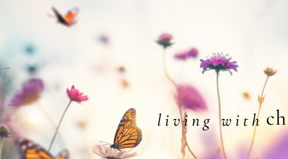 flowers and butterflies representing the freedom to adapt to change. Overlay of text saying "living with change"
