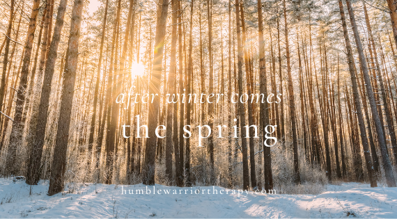 a stand of trees surrounded by snow in winter, representing the practice of mindfulness by Castle Rock therapist Rachel Gordon, and embracing the natural rhythm of seasons with the overlay of text "With the Winter comes the Spring"