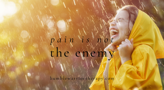 Person joyfully laughing in the rain with overlay text 'Pain is Not the Enemy,' symbolizing the embrace of discomfort in Buddhist psychotherapy, Rachel Gordon Therapist in Caslte Rock, Colorado
