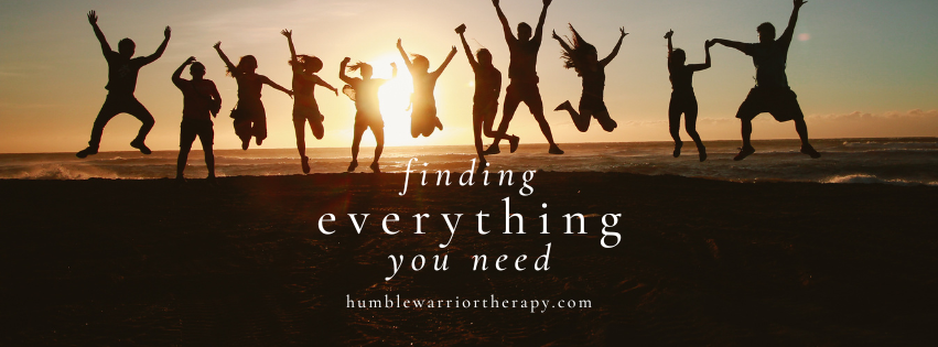 Silhouettes of people jumping for joy finding connection and mindfulness from Humble Warrior Therapy in Castle Rock with the overlay of words "finding everything you need."
