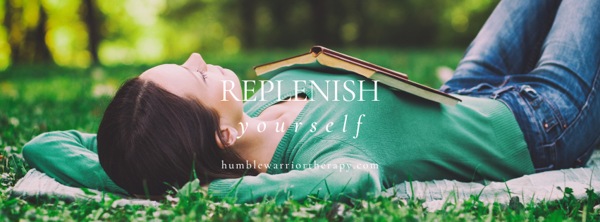 woman resting peacefully outdoors in nature with an open book, symbolizing renewal through restorative self-care and rest with the overlay of words "Replenish Yourself" by Castle Rock therapist Rachel Gordon
